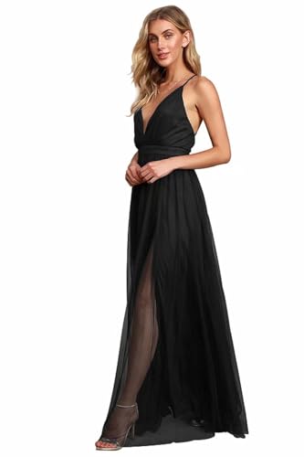 Spaghetti Straps Prom Dresses Long for Women Formal Sleeveless Tulle V-Neck Evening Gowns with Slit DR0007