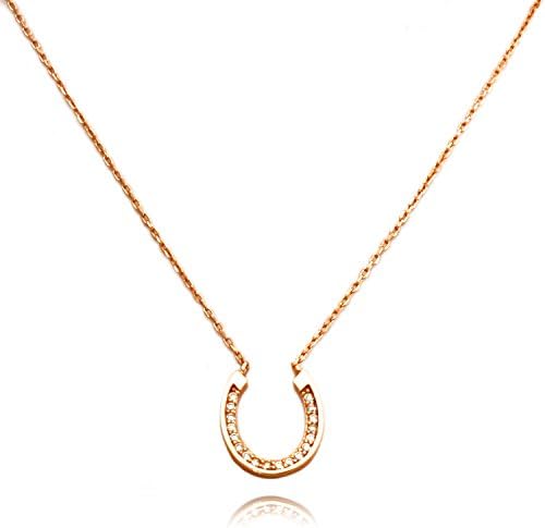 Tioneer 925 Sterling Silver Horseshoe Charm Necklace for Women and Girls, 16 Inches (+2") (Rose-Gold-Plated-Silver)