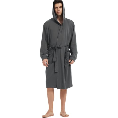 Mens Hooded Cotton Robes Lightweight Knit Bathrobe With Hooded Summer Dressing Gowns(Iron Gray H L/XL)