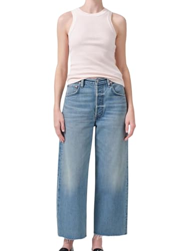 CHARTOU Women's Trendy Baggy Cropped Frayed Straight Wide Leg Jeans Denim Pants with Pockets