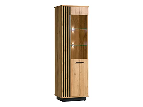 Vitrina Lanimo LA02 de pie con 2 puertas y compartimentos, vitrina con láminas decorativas, vitrina de cristal para salón, armario (roble y roble Wotan + negro, con iluminación LED)