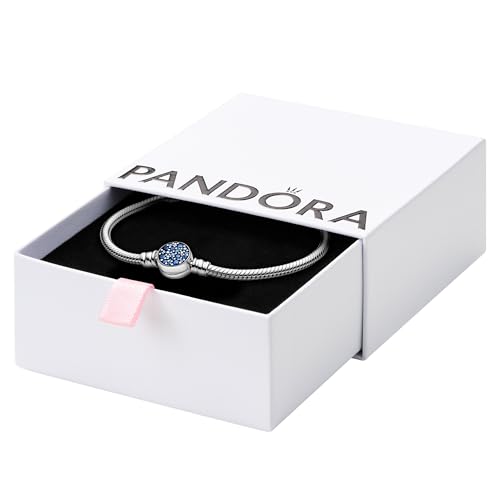 PANDORA Moments Sparkling Blue Disc Clasp Snake Chain Bracelet - Sterling Silver Bracelet with Man-Made Crystals - Jewelry for Women - Includes Gift Box