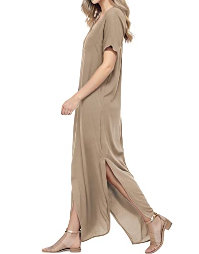 Image of Match Women's V-Neck Casual Loose Short Sleeve Long T-Shirt Dress Split Maxi Dress with Side Pocket