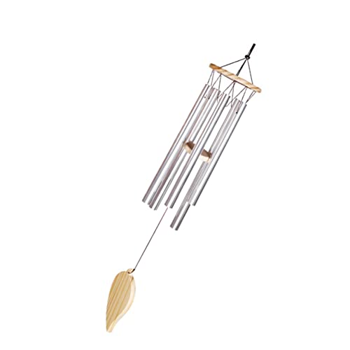 DOITOOL Carillon Éolien en Métal 5 Tubes Pendentif Bois Massif Argenté, Décoration Extérieure Jardin Patio, Ornement Musical Solide en Aluminium pour Ambiance Apaisante