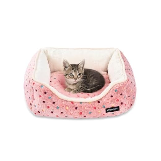 Amazon Basics Cama para mascotas, gatos, pequeña, de color rosa con lunares, tejido oxford.