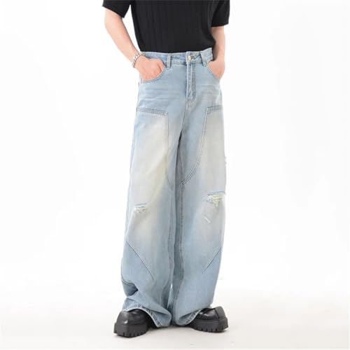 High Street Men’s Denim Pants, Solid Color, Deconstructed Holes Design, Loose Fit Trousers3