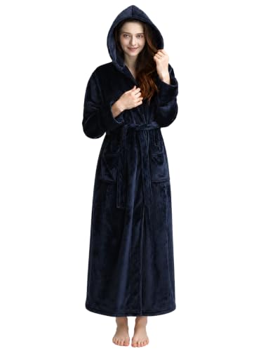 Image of Hellomamma Long Hooded Robe for Women Luxurious Flannel Fleece Full Length Bathrobe Winter Warm Pajamas Shower Nightgown
