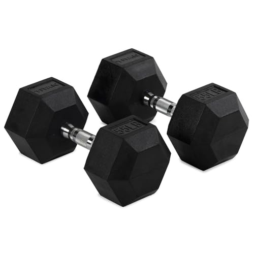 Titan Fitness 55 LB Pair Free Weights, Black Rubber Coated Hex Dumbbell, Ergonomic Cast Iron Handle, Strength Training