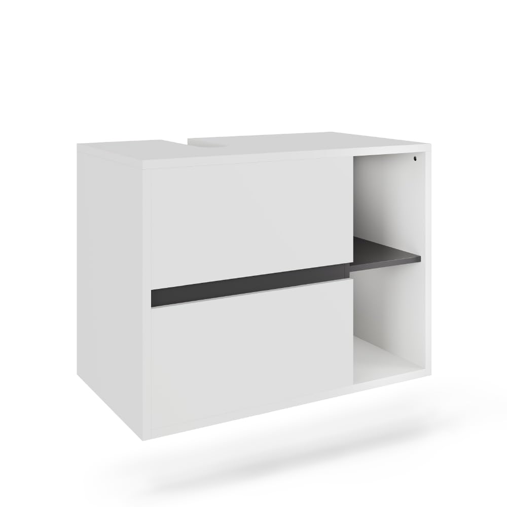 Vicco Mueble bajo Lavabo Viola, Blanco/Gris, 80 x 60 cm | con 2 cajones, con recorte para sifón para montaje mural