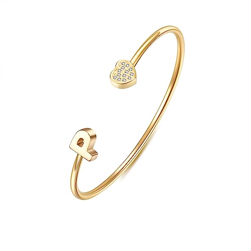 Image of VQYSKO Heart Initial Cuff Bracelets for Woman-CZ Stainless Steel Adjustable Open Bracelet Woman Jewellery,Birthday Gifts for Woman