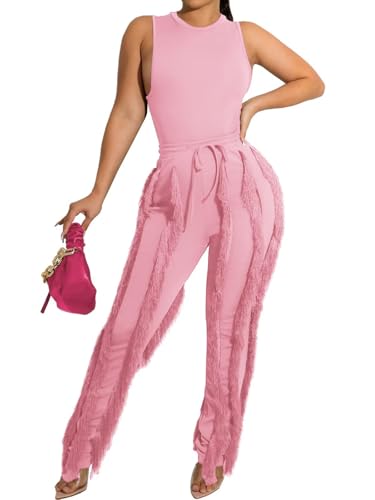 Image of EDITCOZY Women Sexy Two Piece Outfits Fringe Pants Set Tassel Club 2 Piece Sets Going Out Birthday Party Night