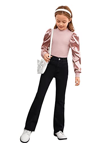 Image of Floerns Girls Casual Puff Long Sleeve Round Neck Rib Knit Blouse Tee Tops