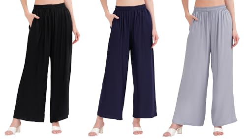 Image of Buy That Trendz Palazzo Pants for Women Rayon Elasticated Regular Fit Flared Wide Leg M to 6XL Pack of 3