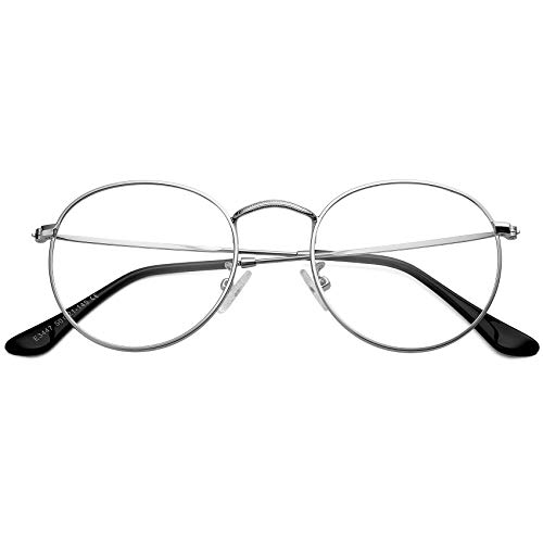 COASION Vintage Round Glasses Non Prescription Clear Lens Metal Frame Circle Eyeglasses (Silver)