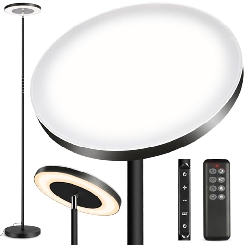 OUTON Lámpara de Pie LED Regulable, 34W Emisión de luz arriba y abajo, 3000K-6000K, 180CM para Sala de Estar,Control Remoto Táctil, Función de Memoria y Temporizador, Dormitorio, Oficina,Negro Mate