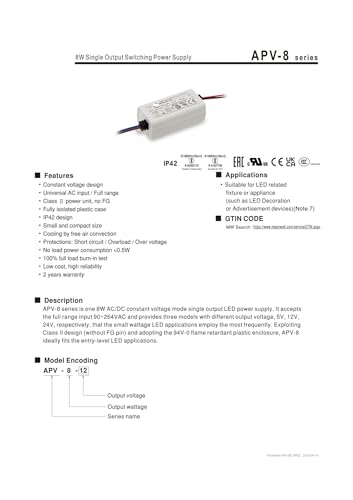 Alimentation APV-8-5 ultra compacte à découpage 5V pour micro-courant