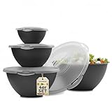 Hausfelder Salatschüssel Set groß mit Deckel 4er Set, 0,7L/1,9L/3,6L/6L, Schüsselset aus Kunststoff stapelbar, BPA-frei in Anthrazit Schwarz für Camping und Küche