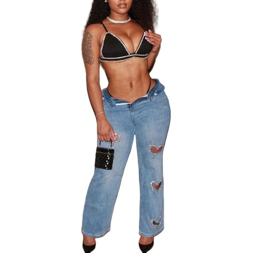 Womens Heart Cutout Y2K Trendy Jeans Rhinestone Straight Leg Casual Bling Denim Pants Streetwear Clubwear