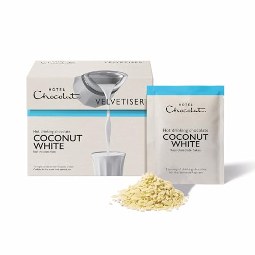 Image of Hotel Chocolat Hot Chocolate Mix - Coconut White Drinking Chocolate with Real Chocolate Flakes, 10 Servings, Gourmet Cocoa