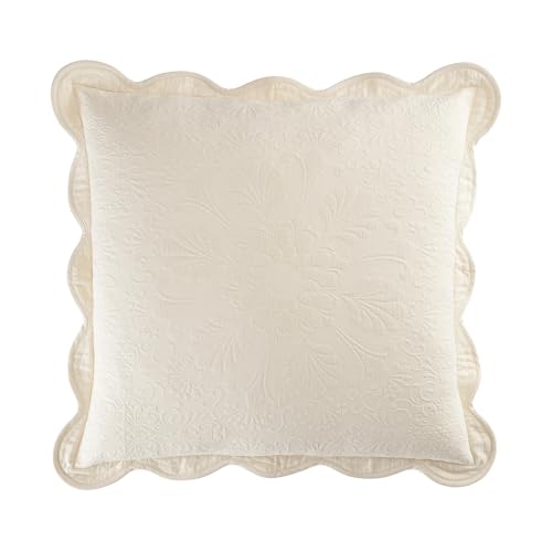 Charleston Estate Modern Farmhouse Floral Matelasse Decorative Pillowcase with Scalloped Edges, 100% Cotton Breathable Bedding, Euro Sham (26" x 26"), Ivory Floral