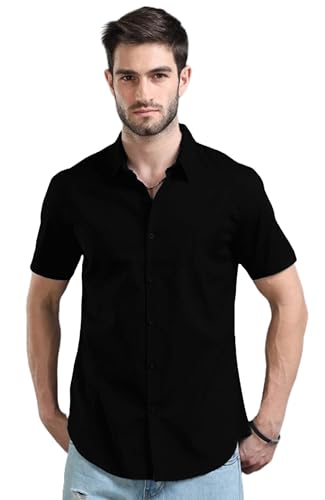 Image of LEOTUDE Men's Cotton Blend Solid Half Sleeve Slim Fit Shirt For Men