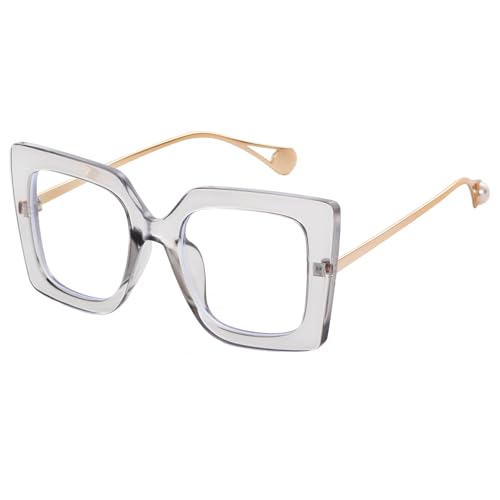 Image of Oversized Square Blue Light Blocking Glasses for Women Thick Fashion Pearl Inlay Arm Eyewear Computer Eyeglasses