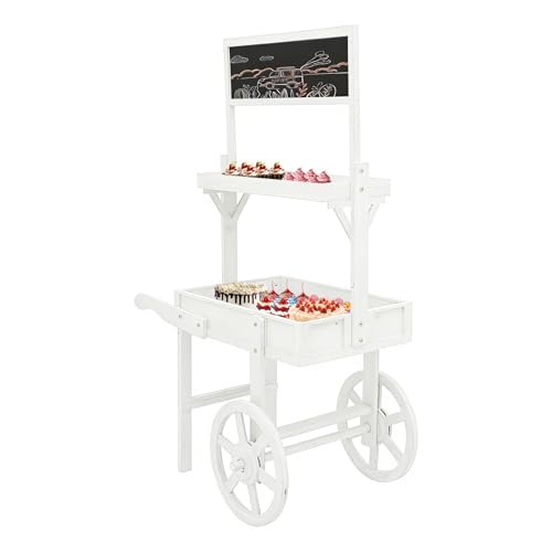 Headery Candy Cart Display Stand, 2-Tiered Flower Cart Stand with Wheels ＆ Blackboard, Large Country Market Wooden Rolling Table Carts for Display Flower Candy Party Favors and Crafted Items (White3)