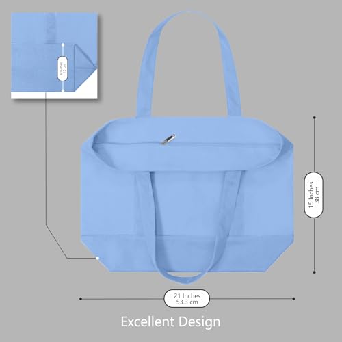 Image of TOPDesign 3-Pack Canvas Tote Bags with an External Pocket, Reusable Grocery Shopping Bags, Top Zipper Closure, Daily Essentials (Light Blue)