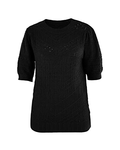 Image of Womens Puff Short Sleeve Sweater Summer Crew Neck Ribbed Knit Pullover Tops