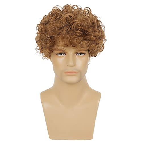 Baruisi Short Mens Curly Wig Light Brown Synthetic Halloween Cosplay Costume Hair Wig for Male