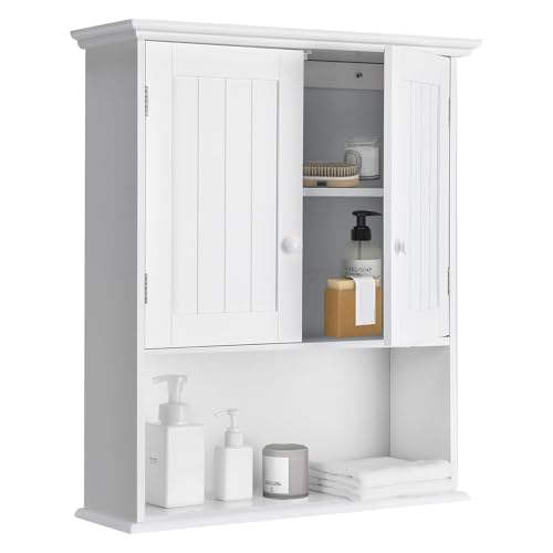 CHEFJOY Bathroom Wall Cabinet, 2-Door Over The Toilet Cabinet with Adjustable Shelf & Open Storage Shelf, Wall Mounted Bathroom Cabinet, Hanging Medicine Cabinet for Living Room, Entryway (White)