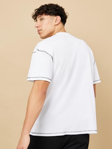 Image of Men's Oversized Crew Neck T-Shirt | Premium Cotton Blend | Contrast Stitch Detail | Half Sleeve Casual Solid Tee for Men