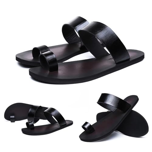 Lossarye Men's Black PU Leather Flat Flip Flops Slide Sandals Comfortable Toe Ring Slip On Casual Thong Sandals Summer Non-Slip Beach Slippers for Indoor Outdoor2