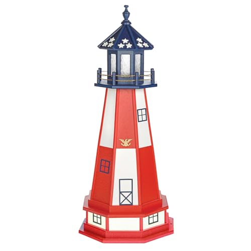 DutchCrafters Cape Henry, VA Lighthouse with Dusk to Dawn Solar Outdoor Lighting, Outdoor Statues for Garden, Solar Garden Decor - Amish Made in USA (Patriotic, 4' with Base)