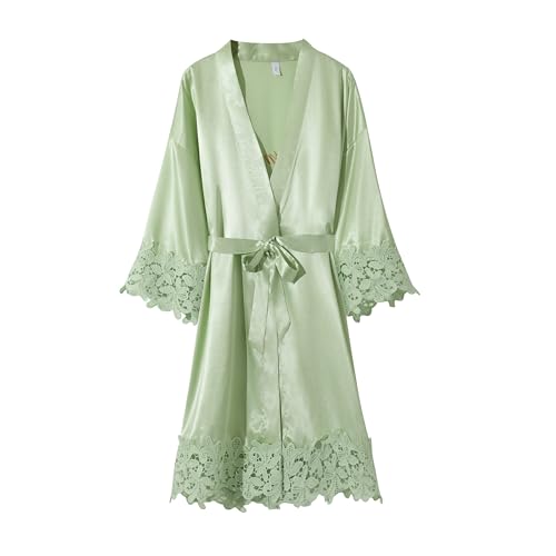 Image of Crystal Dew 2 Pcs Mother of the Bride Groom Robe with Lace Trim Embroidery Bridal Satin Kimono Robes for Wedding Day