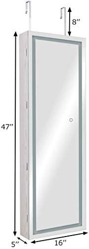 Giantex Jewelry Cabinet Box Armoire Door Wall Mount, Lockable Touch Screen Light Full Length Mirror 47.5In, Inside Makeup Mirrored Storage Jewelry Box Organizer With Lipstick Holder (White) #TOP6