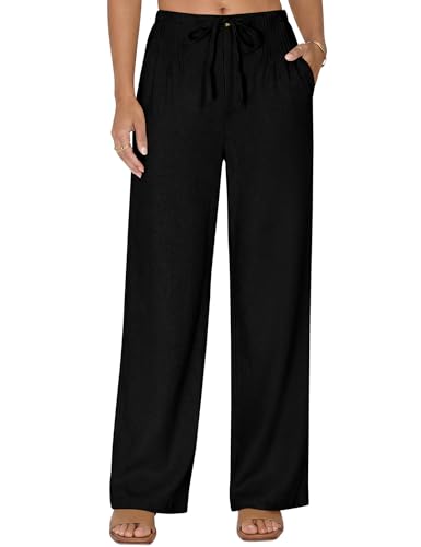 LOMON Women's Pants Cotton Linen Pants Elastic High Waisted Business Casual Work Trousers Wide Leg Slacks with Pockets Black