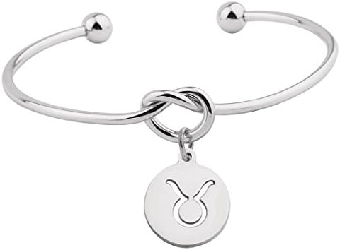 Silver Love Knot Bracelet Tie the Knot Cuff Bangle with Zodiac Signs Disc Charm (Taurus)