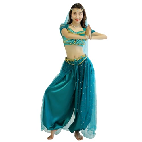 MISI CHAO Belly Dance Jasmine Costume - Aladdin Halloween Outfit Princess Costumes Teal for Women(M)
