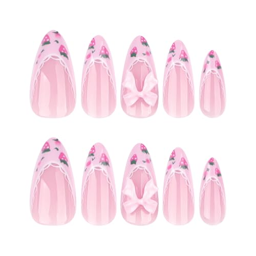 Image of NBNTGH Pink French Tip Glue On Nails, 24 Pcs Almond Shape, ABS Material, Full Cover, Glossy Finish, Strawberry Bow Pattern, Reusable, Summer Nails for Women, Home Manicure, 24 Fl Oz
