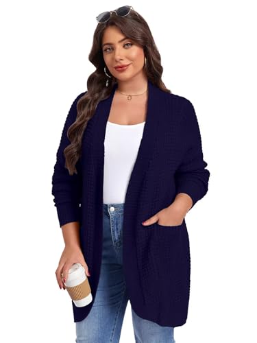 Image of LARACE Long Cardigans for Women Plus Size Tops Open Front Sweaters with Pockets Waffle Ribbed Sleeve Loose Fall Outwear