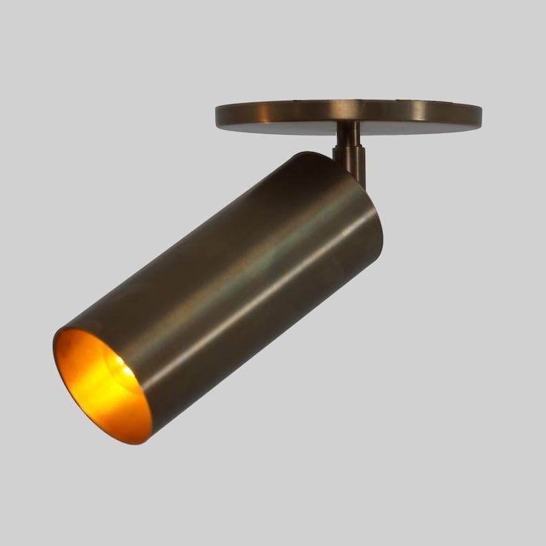 Brass Adjustable Ceiling Spotlight – Modern Cylinder Track Light Fixture, Mid-Century Industrial Rotating Spotlight for Living Room, Kitchen, Bedroom, Hallway, Home Décor (Antique Patina)