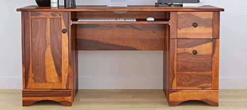 Image of Heer Handicraft Simple Office Computer Table with Three Drawer & Single Door Cabinet with Legs & Keyboard Tray Support in Natural Honey in Matte Polished Finish, Material: Sheesham Wood