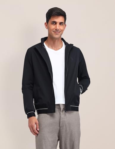 Image of U.S. POLO ASSN. Men's Black Color-Block High neck Long Sleeve Casual Polyester Regular Fit Jacket