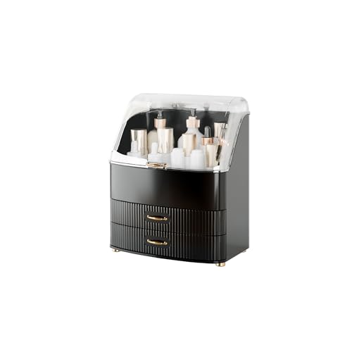 Image of Makeup Organizer Countertop Vanity with Transparent Lid Drawers Waterproof Dustproof Cosmetic Skincare Bathroom Storage Gift for Women Teens Girls (Black)