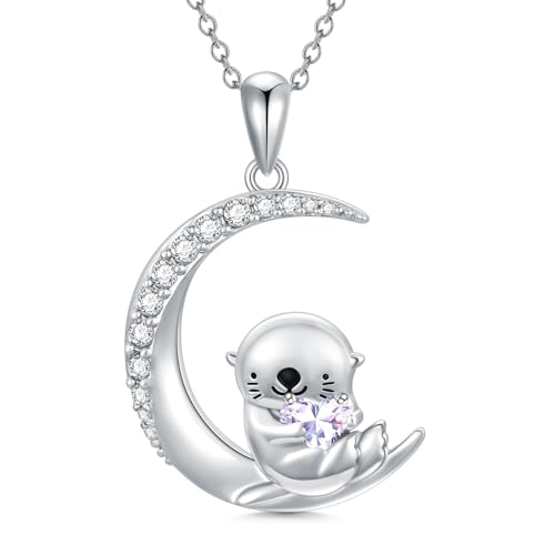 Image of PROESS Animal Birthstone Necklace 925 Sterling Silver Otter /Axolotl /Hippo /Elephant /Dachshund /Monkey /Red Panda Pendant Necklace Animal Birthstone Jewelry Gifts for Women