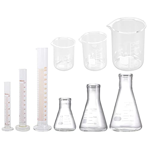 Cónico laboratorio: 9 piezas suministros laboratorio (cilindro medidor vaso vidrio y botella cónica)