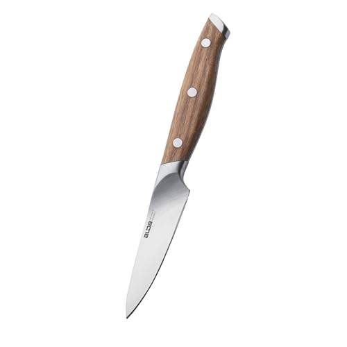 Image of Alda Top Chop Paring Knife 3.5 Inch (9 cm) - Carbon Stainless Steel Blade|Full Tang Acacia Wood Handle|Precision Peeling|Trimming, Carving & Coring Knife for Apple, Strawberry, Garlic & Potato, 57 HRC