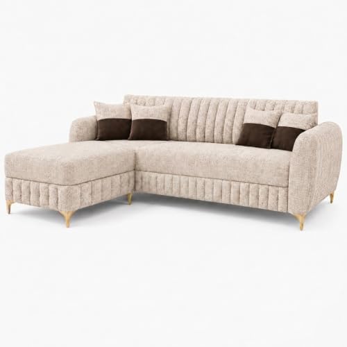 Image of CASASTYLE Signature Velour 4-Seater L-Shape Sofa Set with Movable Ottoman | Flexible LHS /RHS Layout | Boucle Weave Fabric | 40D Foam + Zigzag Spring | 3-Yr Warranty (Sandstone Beige)
