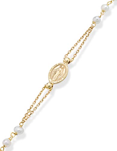 Miabella 18K Gold Over Sterling Silver Handmade Italian White Cultured Freshwater Pearl Ball Beaded Sideways Rosary Cross Necklace For Women Teen Girls, 925 Italy (Length 20 Inch) #TOP2